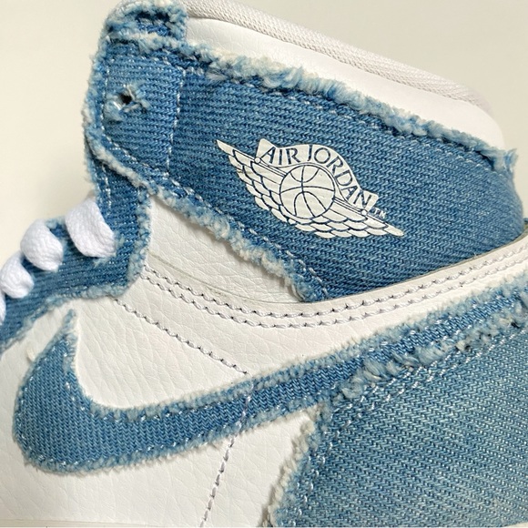 NIKE youth blue denim white leather Air Jordan 1 Retro OG high top sneakers - Picture 7 of 10